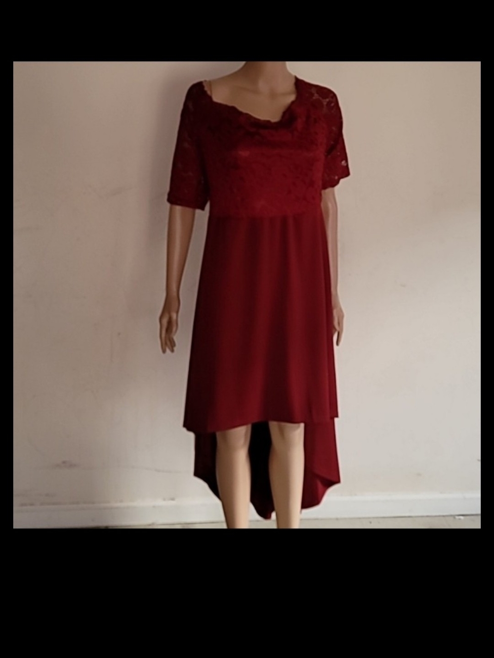Burgundy Lace High-Low Dress with Scoop Neck